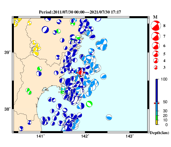過去に起きた地震の初動発震機構解