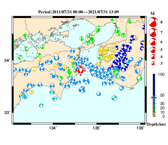 過去に起きた地震の初動発震機構解