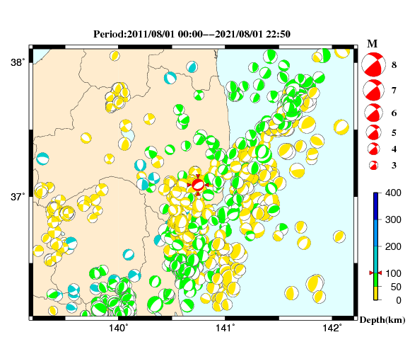 過去に起きた地震の初動発震機構解