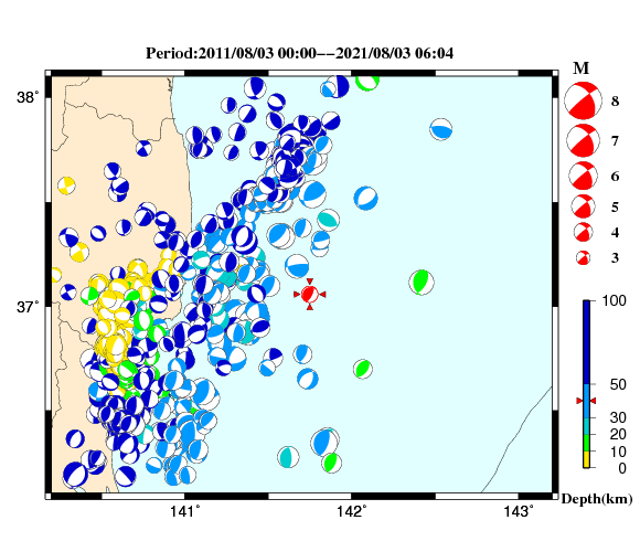 過去に起きた地震の初動発震機構解