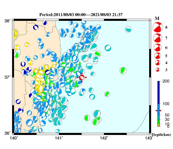 過去に起きた地震の初動発震機構解