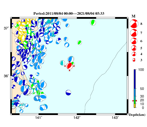 過去に起きた地震の初動発震機構解