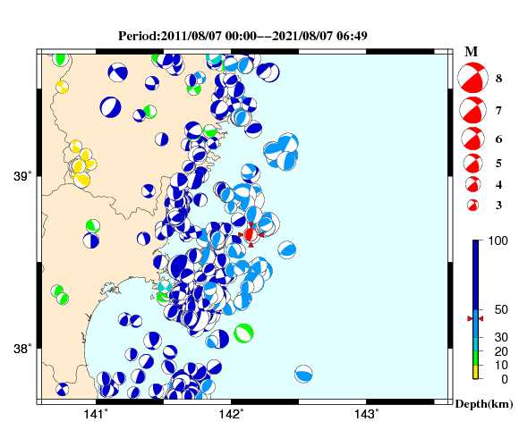 過去に起きた地震の初動発震機構解