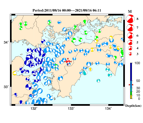 過去に起きた地震の初動発震機構解