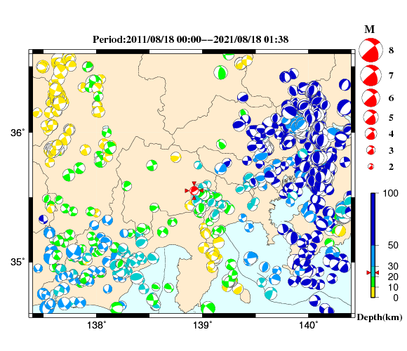 過去に起きた地震の初動発震機構解