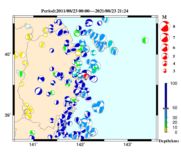 過去に起きた地震の初動発震機構解