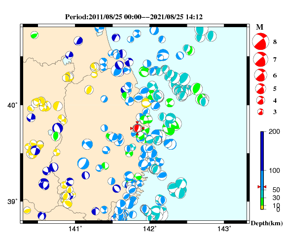 過去に起きた地震の初動発震機構解