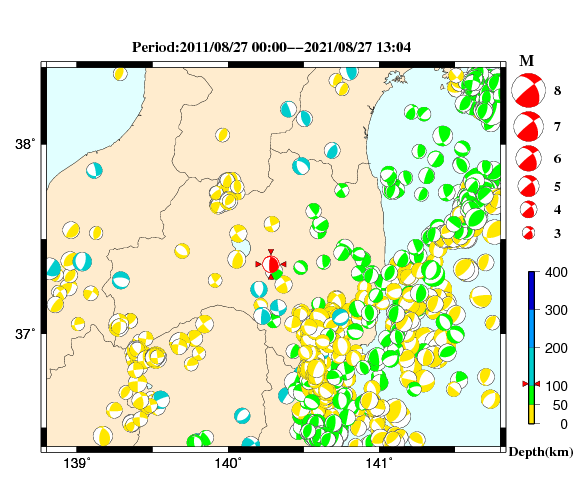 過去に起きた地震の初動発震機構解