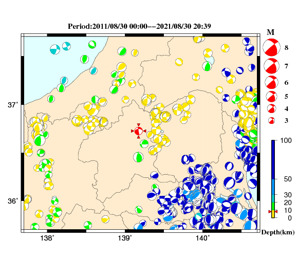 過去に起きた地震の初動発震機構解
