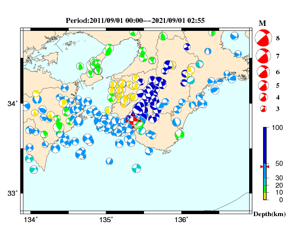 過去に起きた地震の初動発震機構解