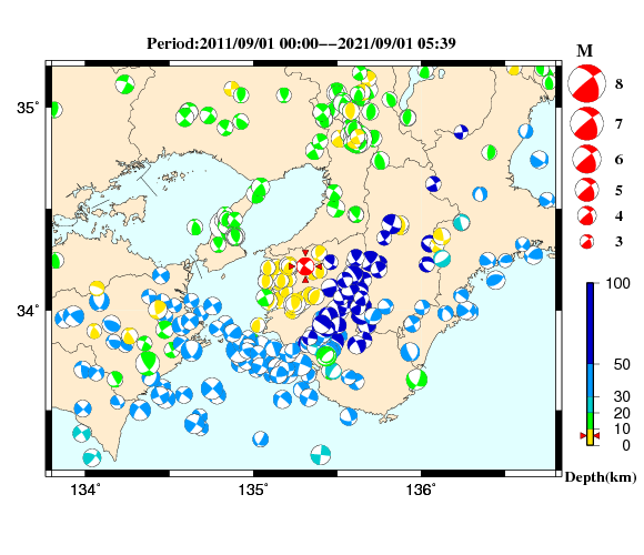 過去に起きた地震の初動発震機構解