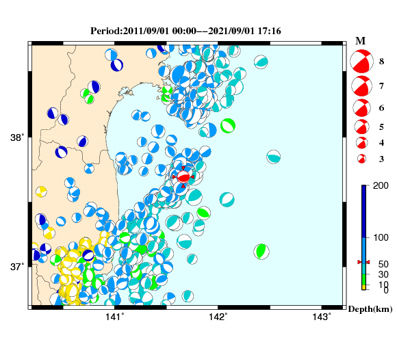 過去に起きた地震の初動発震機構解