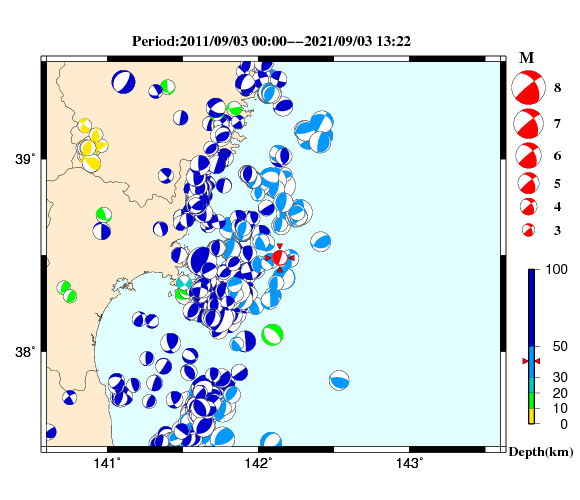 過去に起きた地震の初動発震機構解