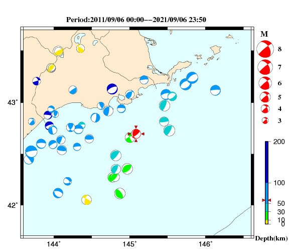 過去に起きた地震の初動発震機構解