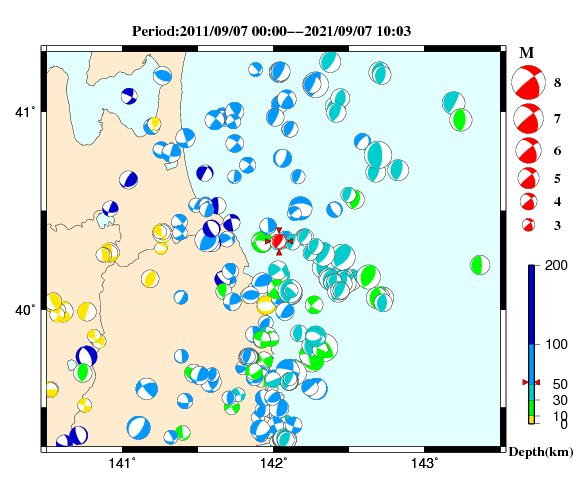 過去に起きた地震の初動発震機構解