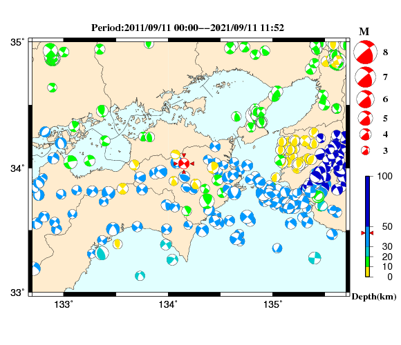 過去に起きた地震の初動発震機構解