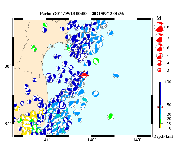 過去に起きた地震の初動発震機構解