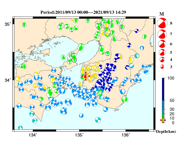 過去に起きた地震の初動発震機構解
