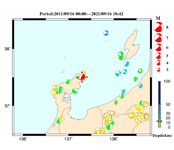 過去に起きた地震の初動発震機構解