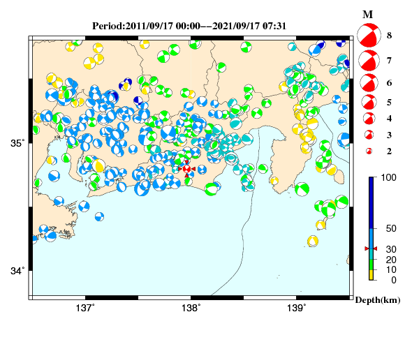 過去に起きた地震の初動発震機構解
