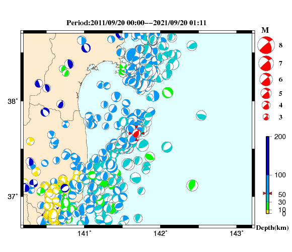 過去に起きた地震の初動発震機構解