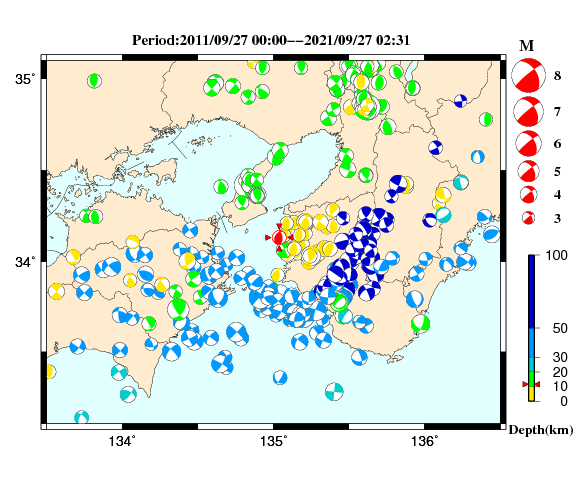 過去に起きた地震の初動発震機構解