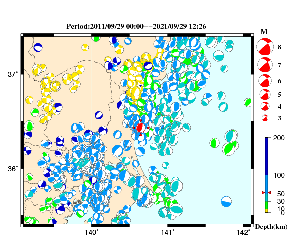 過去に起きた地震の初動発震機構解