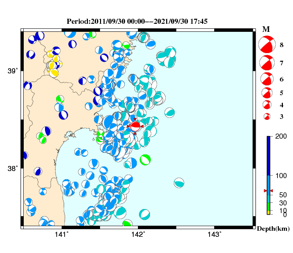 過去に起きた地震の初動発震機構解