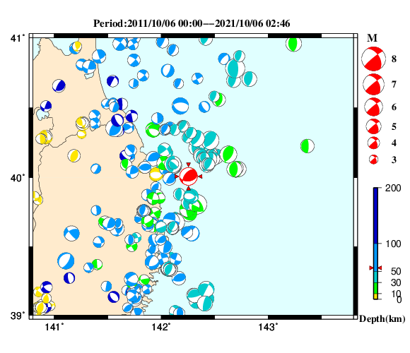 過去に起きた地震の初動発震機構解