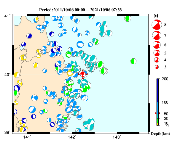 過去に起きた地震の初動発震機構解