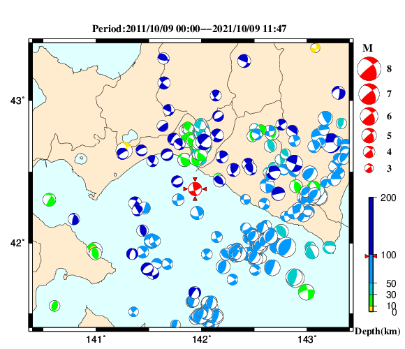 過去に起きた地震の初動発震機構解