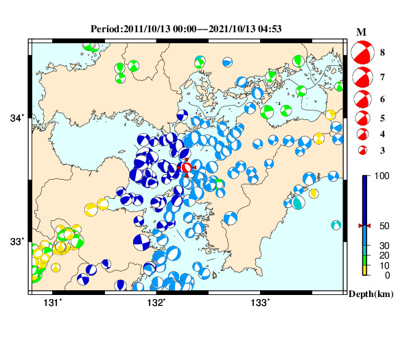 過去に起きた地震の初動発震機構解