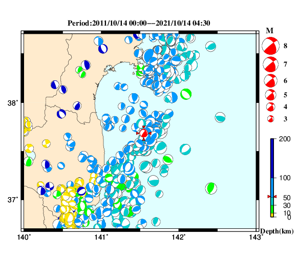 過去に起きた地震の初動発震機構解