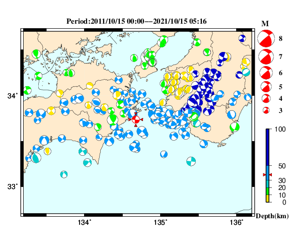 過去に起きた地震の初動発震機構解