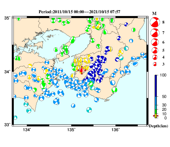 過去に起きた地震の初動発震機構解