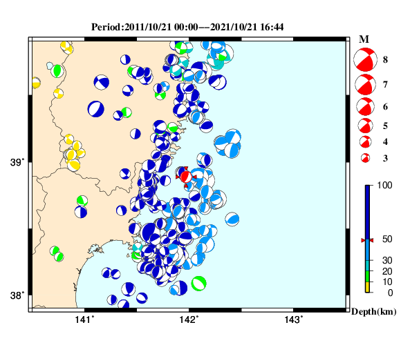 過去に起きた地震の初動発震機構解