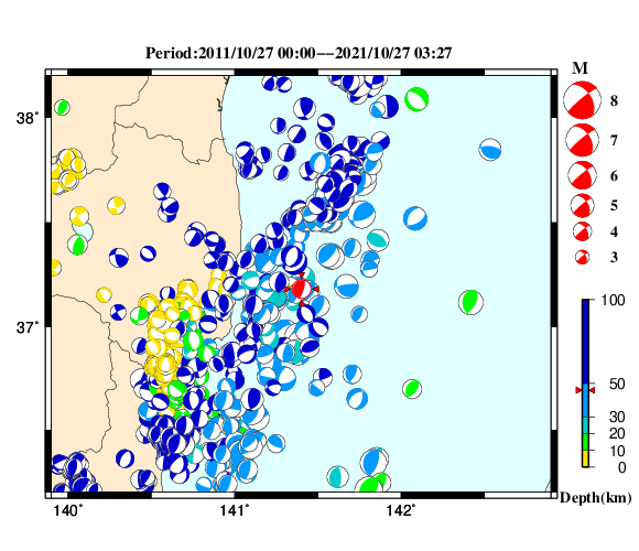過去に起きた地震の初動発震機構解