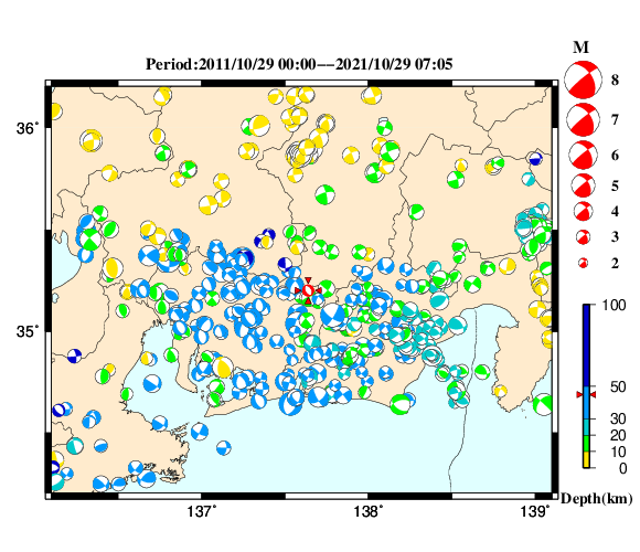 過去に起きた地震の初動発震機構解