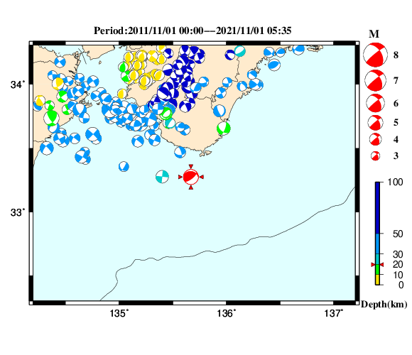 過去に起きた地震の初動発震機構解