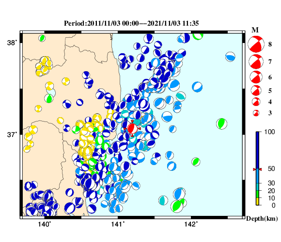 過去に起きた地震の初動発震機構解