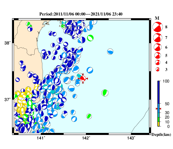 過去に起きた地震の初動発震機構解