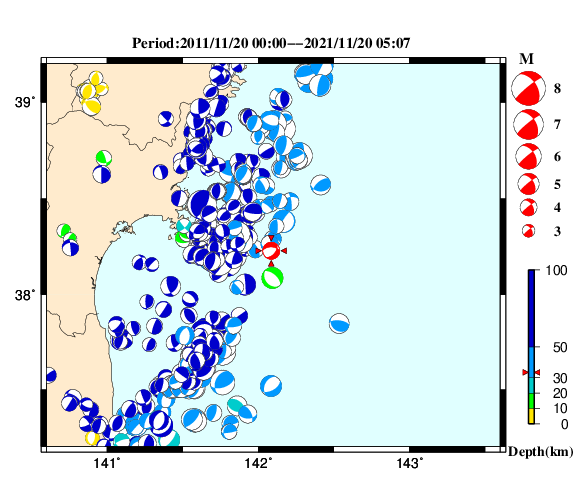 過去に起きた地震の初動発震機構解