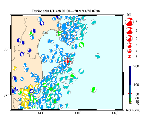 過去に起きた地震の初動発震機構解