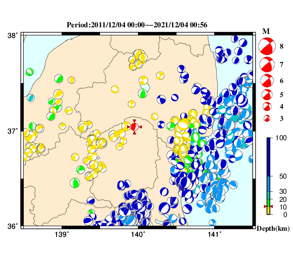 過去に起きた地震の初動発震機構解