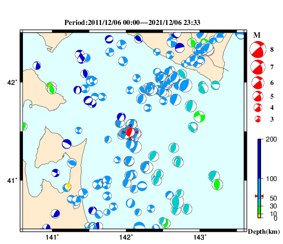 過去に起きた地震の初動発震機構解