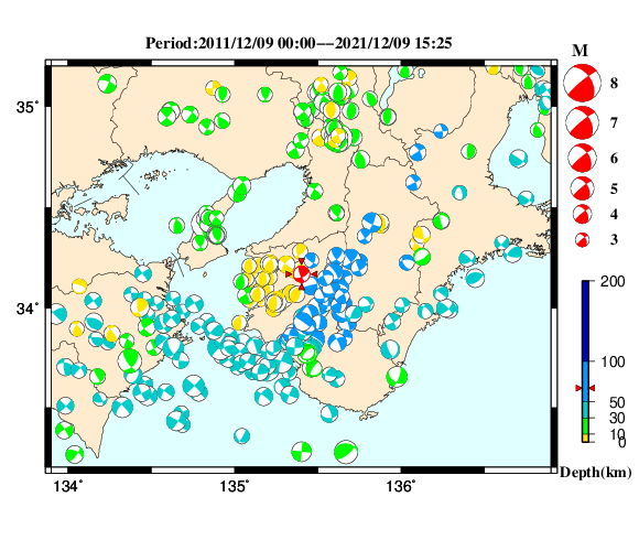 過去に起きた地震の初動発震機構解