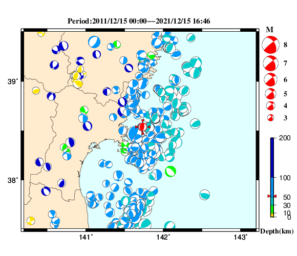 過去に起きた地震の初動発震機構解