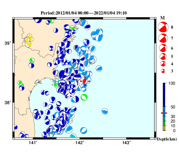 過去に起きた地震の初動発震機構解