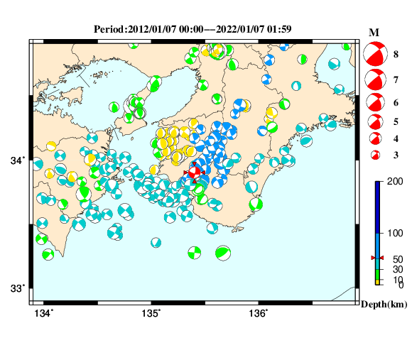 過去に起きた地震の初動発震機構解