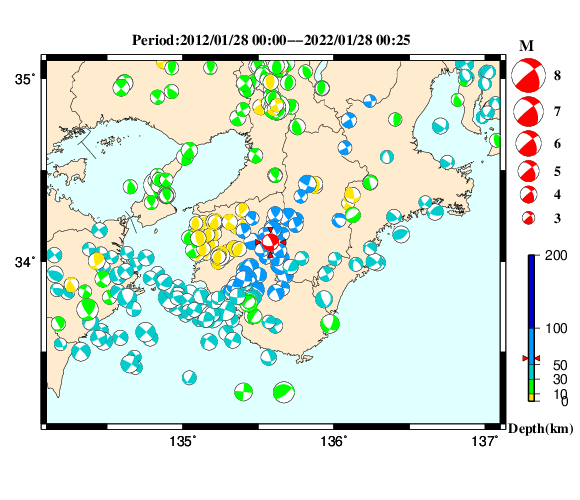 過去に起きた地震の初動発震機構解